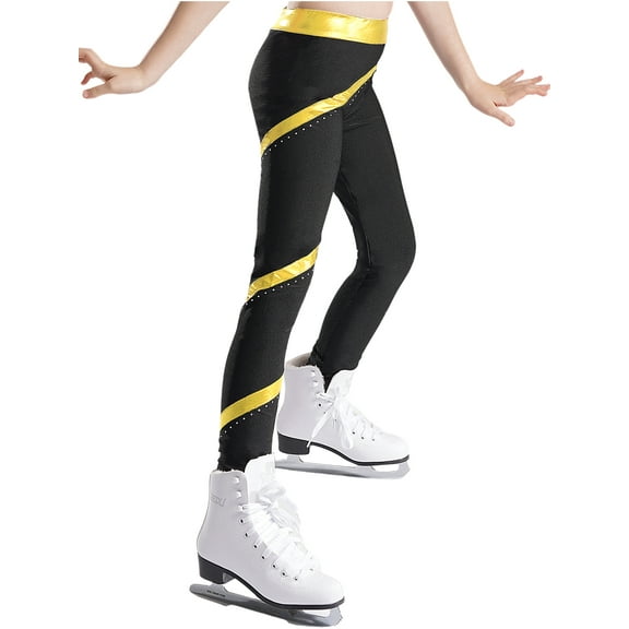 Haitryli Kids Girls Ice Skating Tights Dance Leggings Gymnastics Compression Pants Shiny Bottoms Gold 8