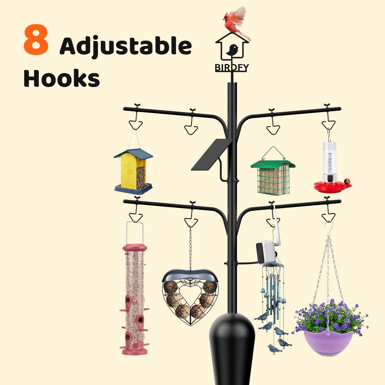 Bird Feeder Pole with Camera and Solar Panel, Netvue Birdfy Pole All Metal with 8 Hooks Squirrel Proof Heavy-Duty Stand