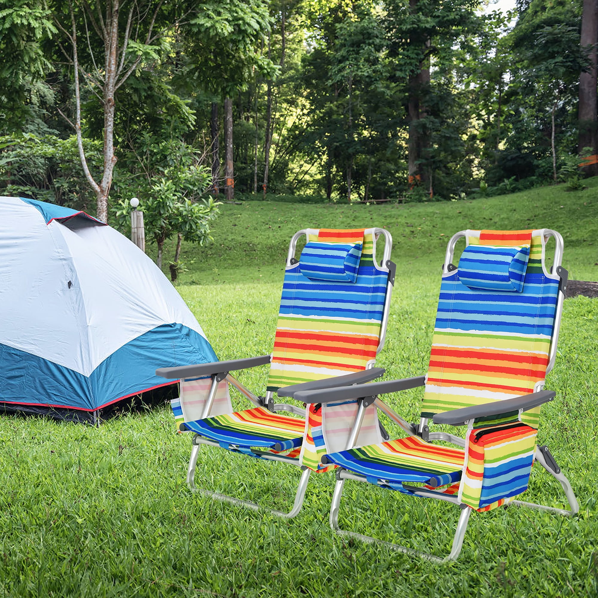 Costway 2-Pack Folding Backpack Beach Chair 5-Position Outdoor Reclining Chairs with Pillow Yellow