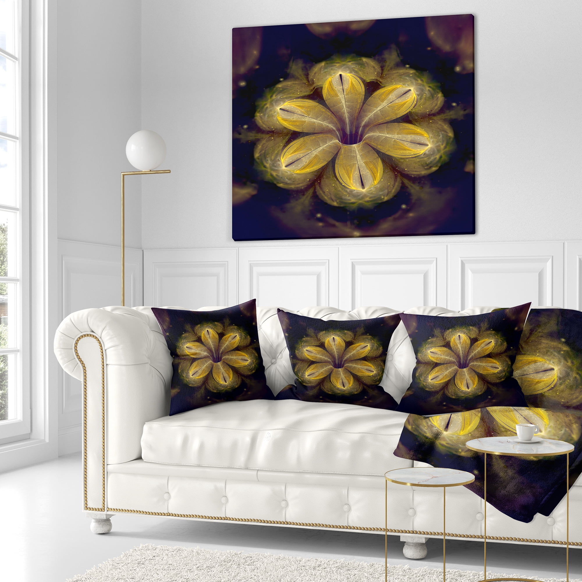 Designart Black Yellow Fractal Flower Pattern - Contemporary Throw Pillow - 16x16