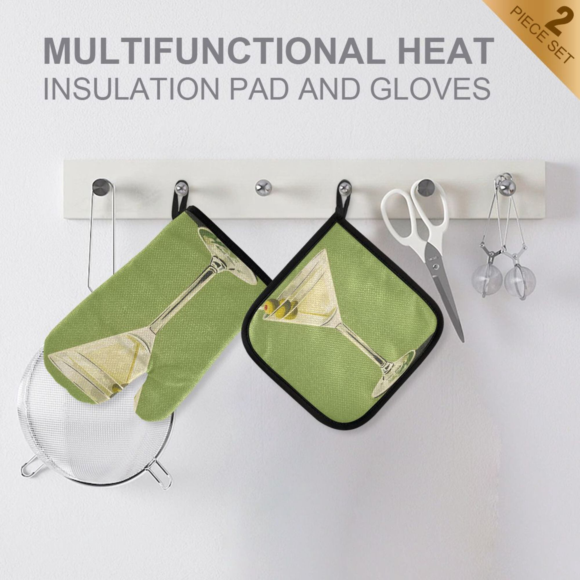 Yayeee Oven Mitts and Pot Holder Set of 4 Heat Resistant Kitchen Gloves Baking Hot Pad, Martini with Olive