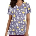 thumbnail image 2 of BiZtdJrK Womens Easter Scrub Tops Cute Bunny Egg Graphic Tees Shirts Short Sleeve V Neck Stretchy Holiday Nurse Working Uniform with Pockets Purple S Vacation Sales, 2 of 5