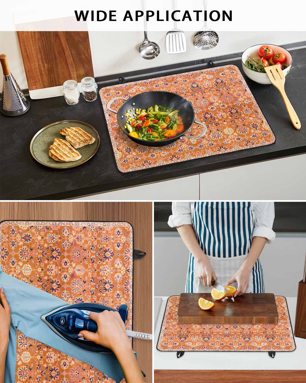 nqOlkjepod Large Induction Cooktop Protector Mat 24"x21", Boho Orange Stove Top Covers for Electric Stove, Country Style Bohemian Floral Retro Tribal Stove Burner Cover Mats, Glass Top Stove Cover