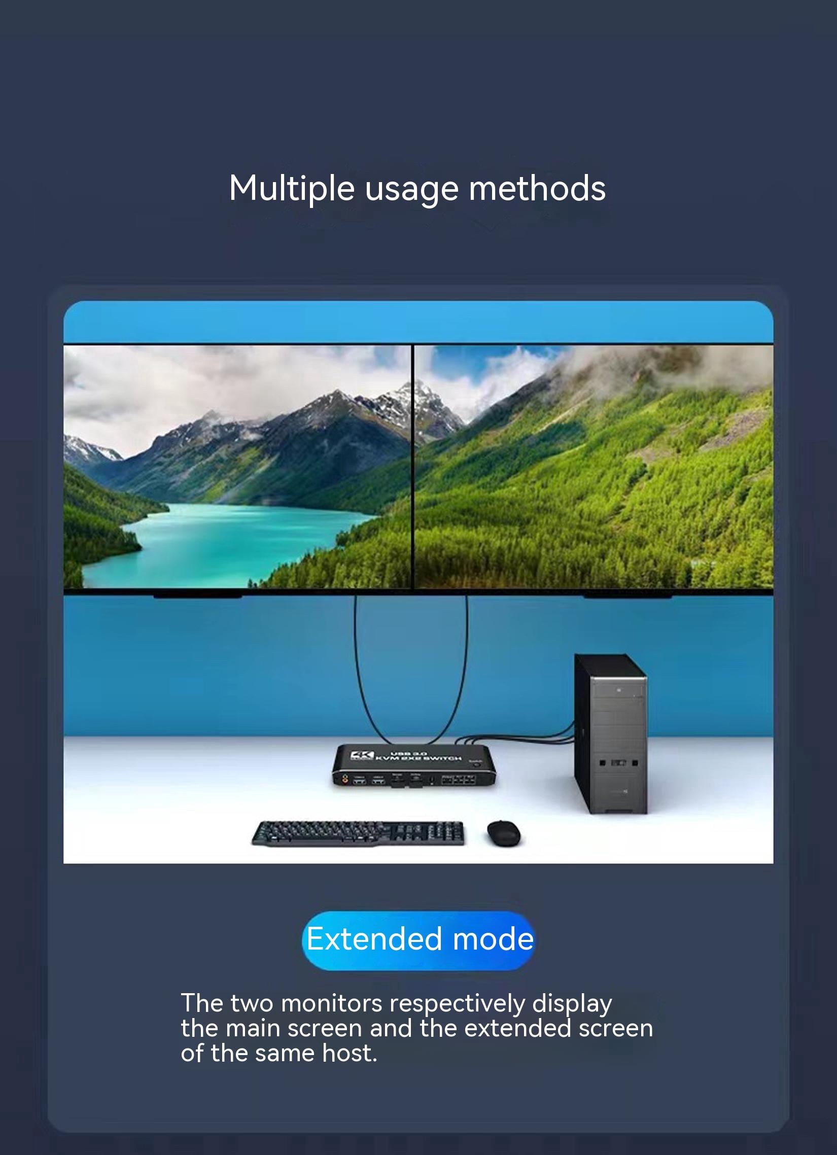 HDMI KVM Switch Dual Screen 2 Monitors 2 Computers 2 in 2 Out,4K@60Hz USB KVM HDMI Switches with Audio HDMI2.0 Ports + 4X USB3.0,Supports 4K 60Hz,1080P 144HZ,RGB 4:4:4,3D,HDR,HDCP,Hotkey,Darkish
