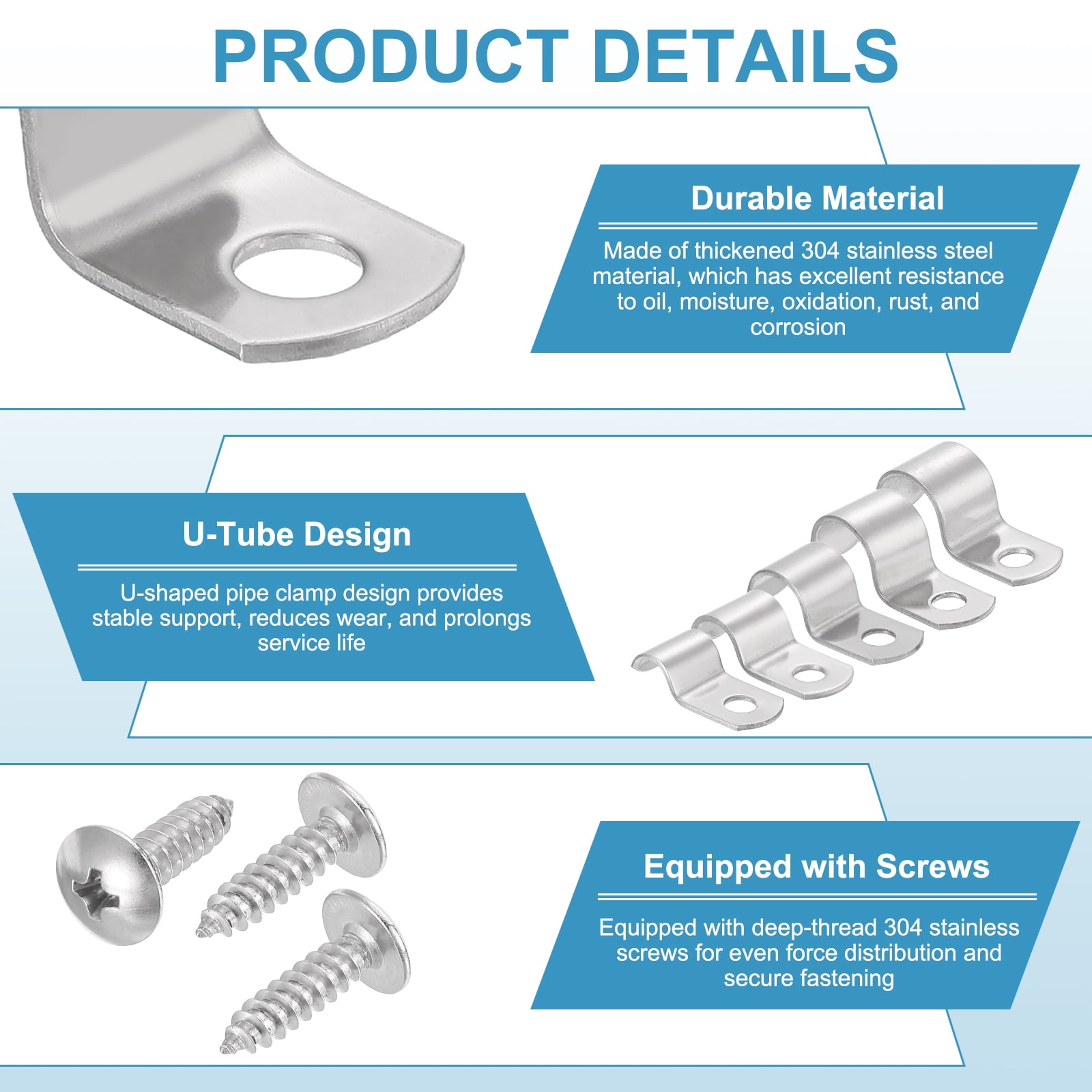 Uxcell 10Pcs 1.7" Pipe Strap, 1 Hole Pipe Clamp 304 Stainless Steel Rigid Conduit Clamp U Bracket Heavy Duty with Self-Tapping Screws for Tube Installation, Silver