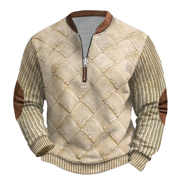 Miluxas Men's Fashion Half Zip Round Neck Shirt Retro Colorblock Long Sleeve Top Casual Loose Round Neck Pullover Shirts Khaki