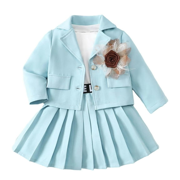 Gaexia Fall Girls 3 Piece Outfit Long Sleeve Cardigan Knit Sweater Vest with Pleated Skirt Set for Toddler Fall and Winter ,Light Blue,5-6 Years