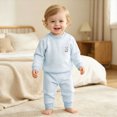 thumbnail image 2 of TOWED22 Toddler Baby Boy Fall Outfit Long Sleeve Crew Neck Contrast Color Sweatshirt Top Pant Cute Newborn Infant Waffle Clothes Size:140,Color:Blue, 2 of 8