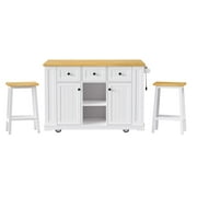 Yoneston 53 Rolling Kitchen Island with 2 Bar Stools, Kitchen Storage Cart with Power Outlet, Internal Storage Rack, Drop Leaf, 5 Open Side Racks, 3 Drawers 2 Doors for Kitchen Dining Room, White