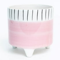 Unbranded Footed Pink With Black And White Striped Rim Planter