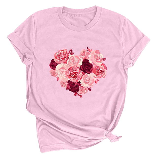 Meichang Chemises de la Saint-Valentin pour Femmes Imprimé Cœur Manches Courtes Col Rond Hauts de Vacances Décontractés Mignons Pulls Blouses