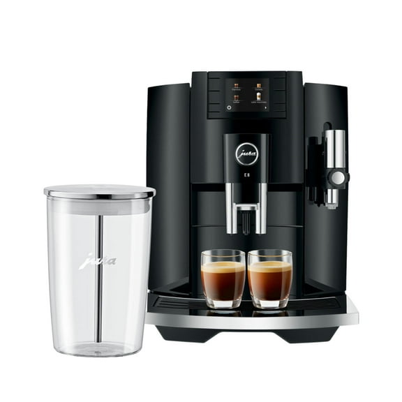 Jura E8 5th Gen Automatic Coffee Machine (Piano Black) with Glass Milk Container Bundle