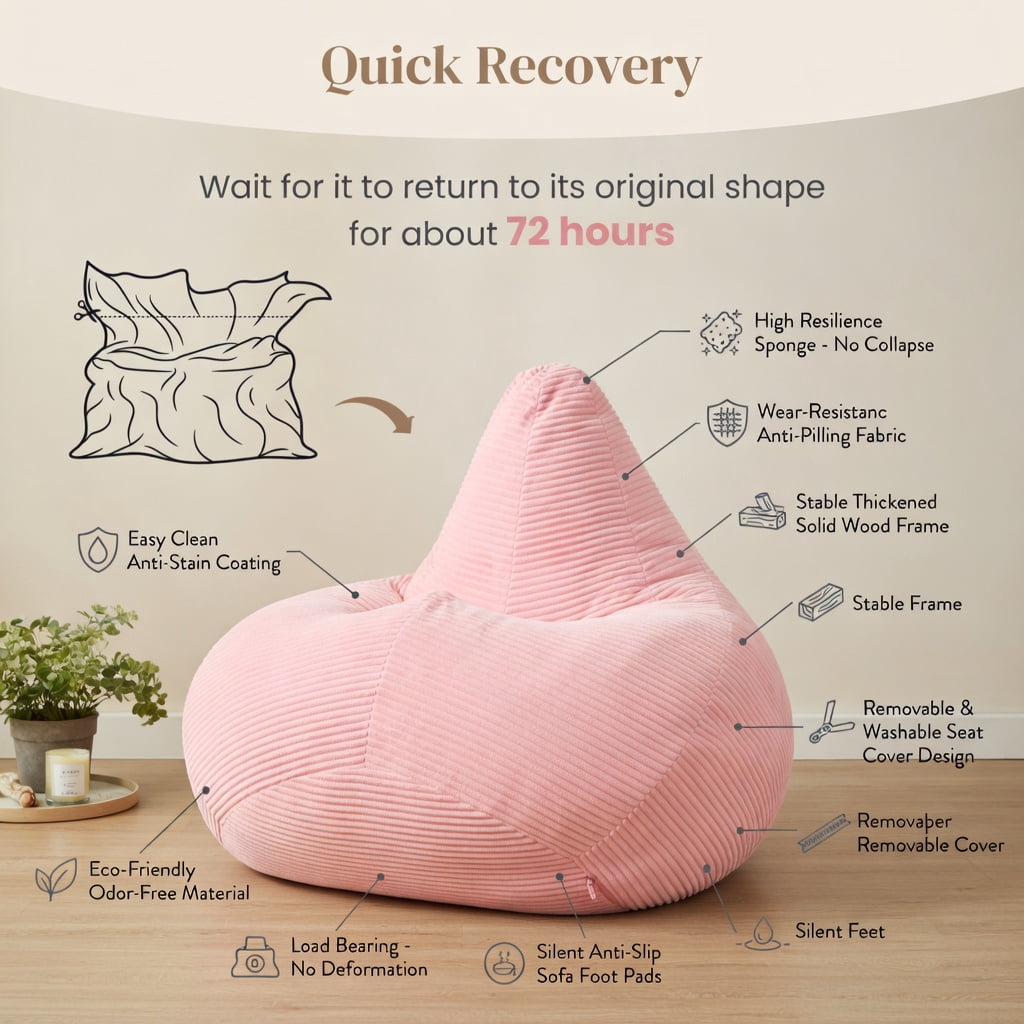 Hommoo Bean Bag Sofa Chair Lazy Sofa Chair, Ultra Soft Lazy Sofa with Skin-friendly Corduroy Cover and Soft Sponge Filling, Pink