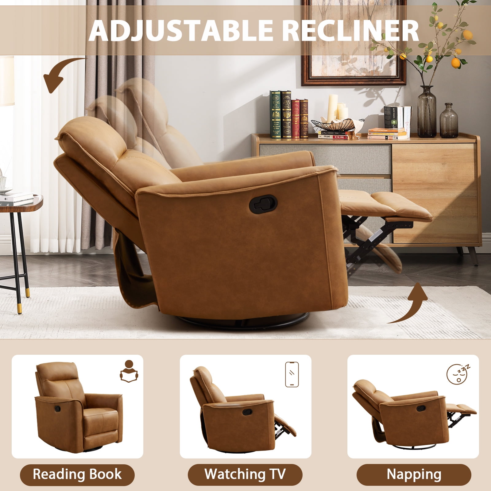 Bonzy Home PU Leather Swivel Rocker Recliner, 360 Degree Swivel Rocking Chair with Soft Backrest for Living Room, Bedroom and Office,Brown
