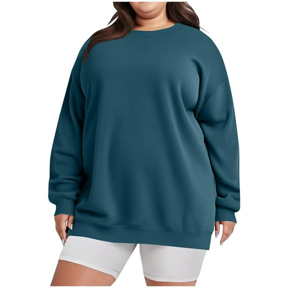 XUNKUSGA Womens Plus Size Sweatshirts Comfy Crewneck Sweatshirt for Women Loose Solid Color Pullover Sweatshirts Oversized Soft Long Sleeve Womens Tops L-5XL Blue