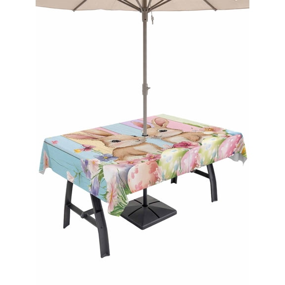 Easter Outdoor Tablecloth - 52x70 Inch Rectangle Dining Table Cover, Spring Bunny Eggs Botanical Floral Wooden Grain Waterproof Outdoor Table Cloth with Umbrella Hole & Zipper for Picnic/Patio/Party