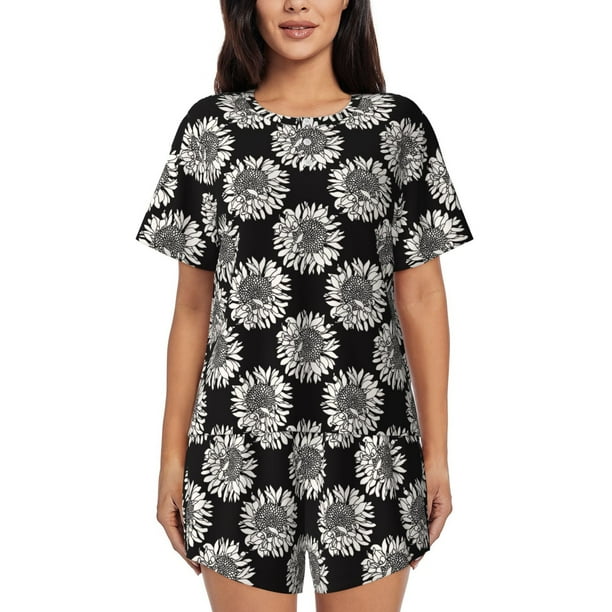 Fotbe White Sunflowers Conjunto de Pijama Estampado para Mujer, 2 Piezas, Ropa de Dormir con Camiseta de Manga Corta y Shorts Suaves-Medium