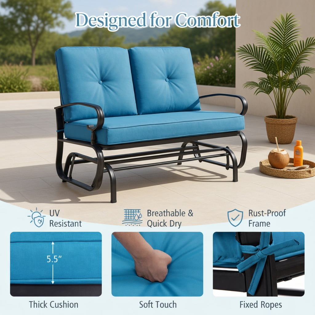 Hommoo 2-Person Outdoor Swing Glider Bench with Plush Olefin Cushions, Rust-Resistant Steel Frame, Gourd-Style Design for Patio, Porch & Backyard, Navy