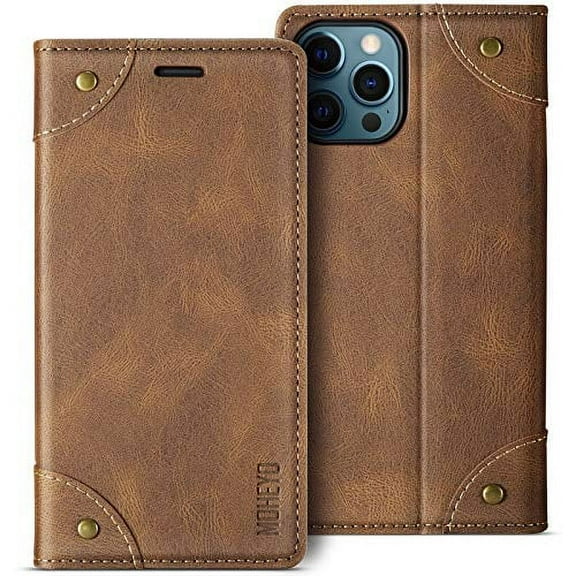 MOHEYO Luxury Wallet Flip Cover Soft Leather Card Holder Case for iPhone 12 | 12 Pro - Brown