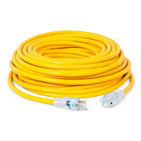 Internet's Best 100 FT Power Extension Cord with LED Lighted Plugs | 12 AWG (Gauge - 12/3) Heavy Duty Outdoor/Indoor Power Extension Cable Cord | NEMA 5-15 R & 5-15P - SJTW | Yellow
