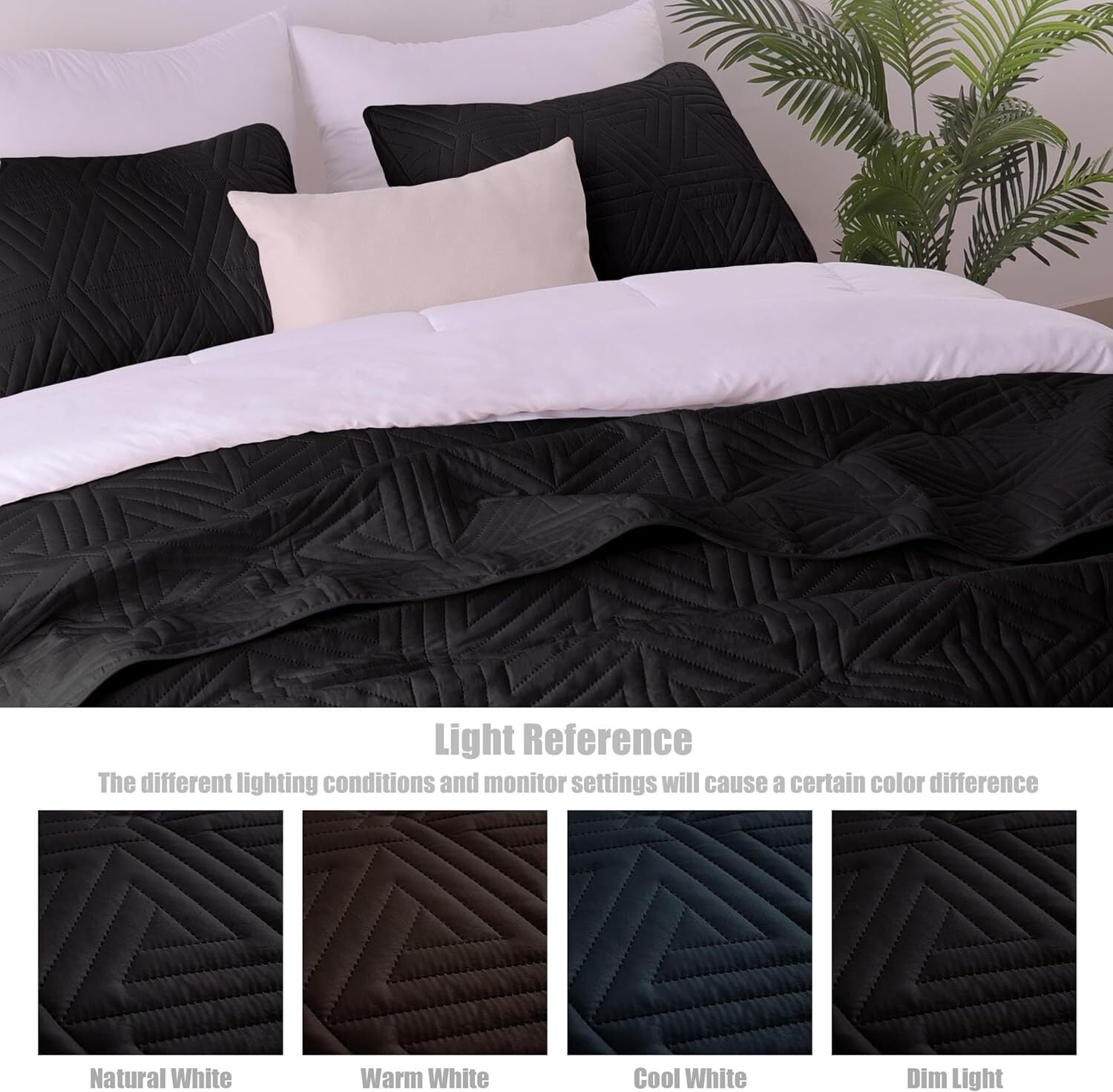 Whale Flotilla 3-Piece King Size Quilt Set for All Season, Classic Geometric Pattern Bedding Set with 2 Pillow Shams, Soft and Lightweight, Black