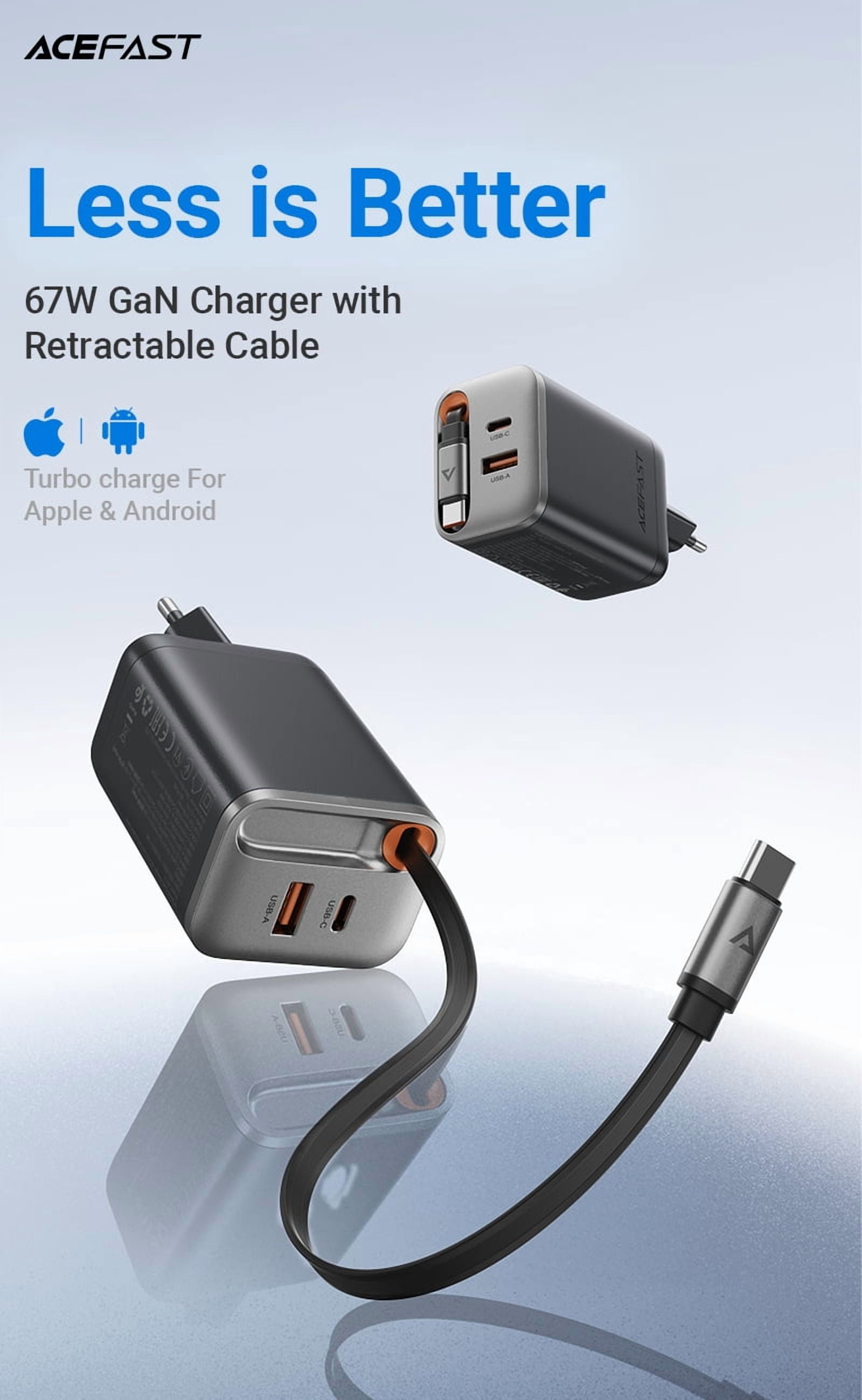 ACEFAST 67W GaN Charger (2×USB-C + USB-A) with 65cm Retractable Cable PD FFast Charging for Laptop/Tablet/Phone