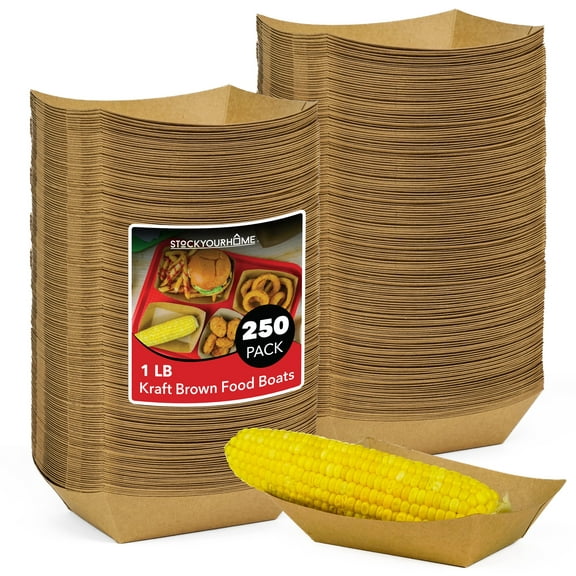 250 Pack 1-Lb Brown Kraft Paper Food Trays, Extra Large Disposable Concession Tray, Serving Boats for Party Snacks, Taco Bar, Seafood, Nachos Plates, BBQ carneval picnic birthday party