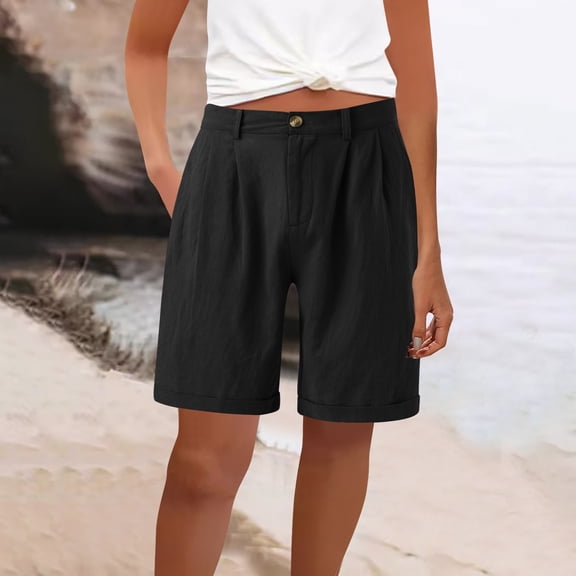 Xaqiouau Womens Solid High Waisted Pleated Cotton Linen Bermuda Shorts Loose Fit Knee Length Casual Shorts with Pockets for Summer Daily Wear
