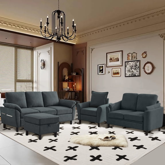 Pingliang Home 4 Piece Sofa Set,Sectional Sofa Couch with Storage Ottoman and Storage Pockets, L Shaped 3 Seater Ottoman Loveseat Accent Chair,Living Room Furniture Set for Apartment Apt Living Room