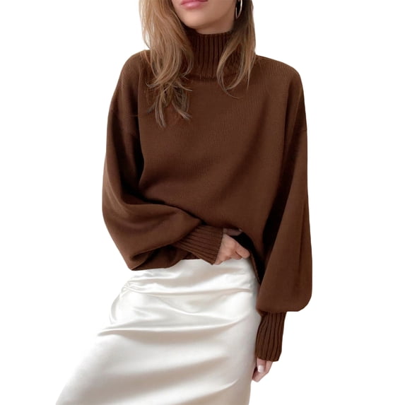 SAYOO Women's Solid Color Sweaters, Lantern Long Sleeve Turtleneck Knit Pullover Jumper Tops