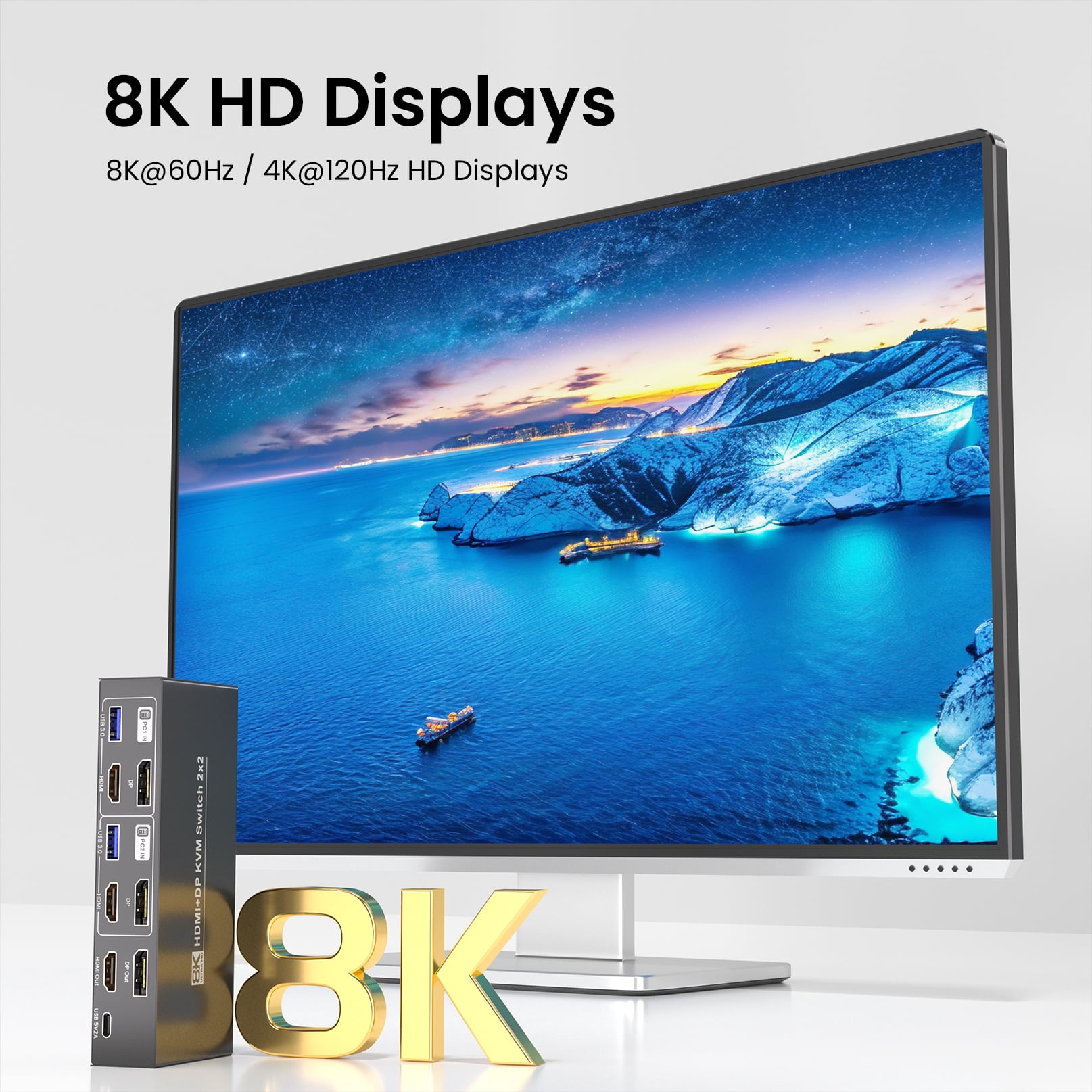8K60Hz 4K120Hz HDMI DP KVM Switch 2 Monitors 2 Computers, Dual Monitor HDMI Displayport KVM Switch– USB 3.0, Two Switching Methods, 8K High-Resolution Support