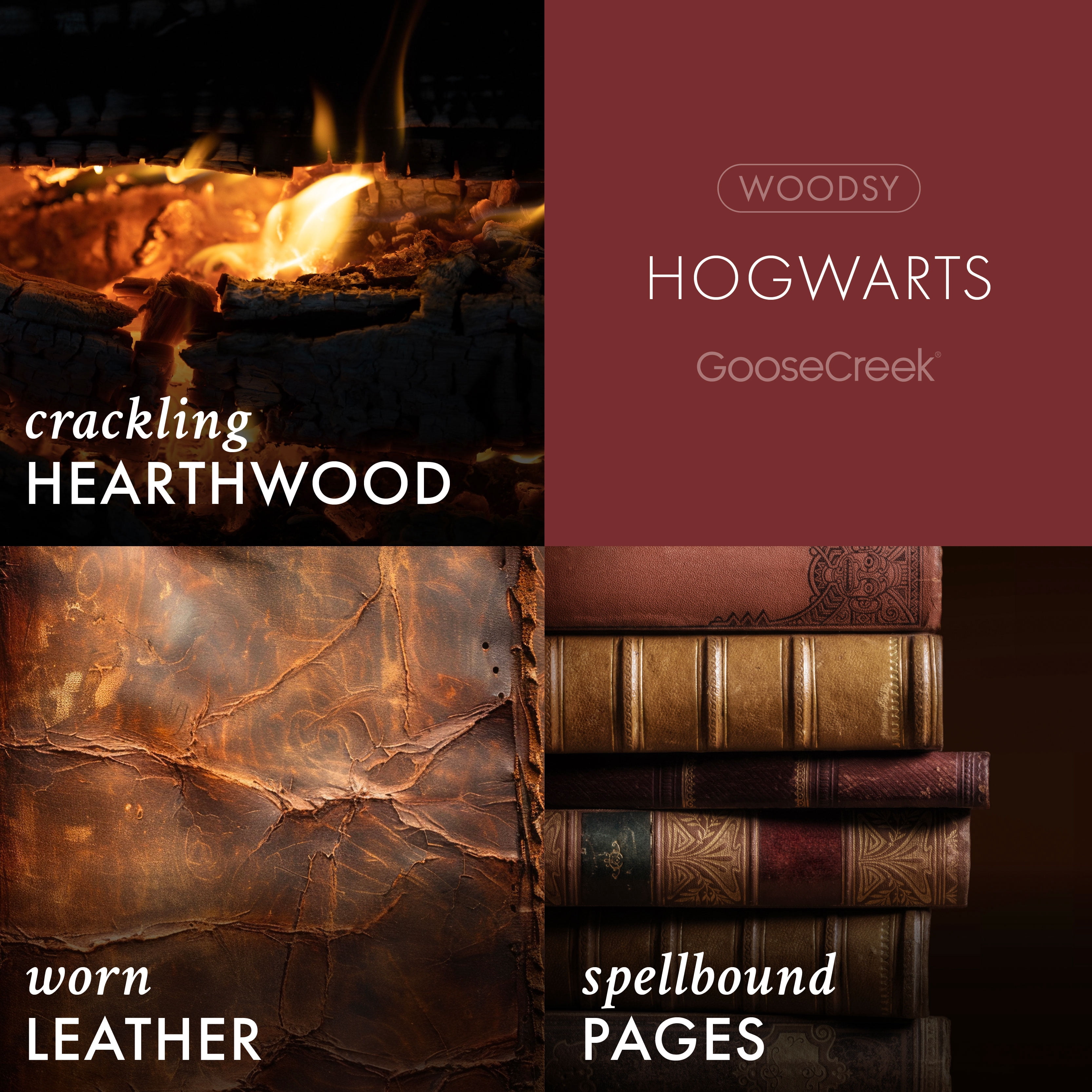 Goose Creek Harry Potter Hogwarts 3-wick Crackling Hearthwood, Whispering White Woods, Worn Leather & Spellbound Pages Scented Jar Candle, 14.5oz