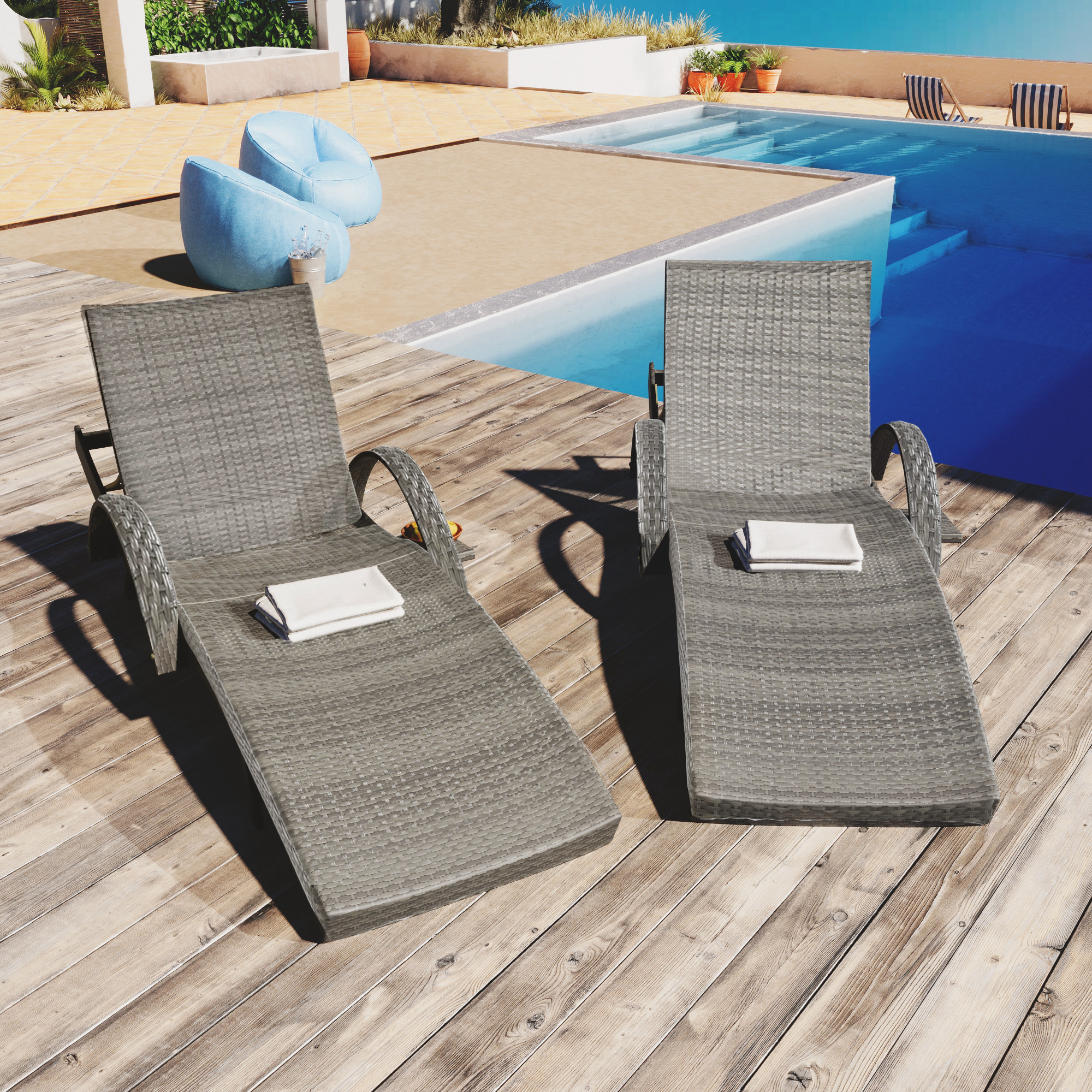 2 Pack Outdoor Wicker Reclining Lounge Chair, 5 Position Adjustable Backrest Pool Side Patio Lounger with Pull Out Side Table, Grey