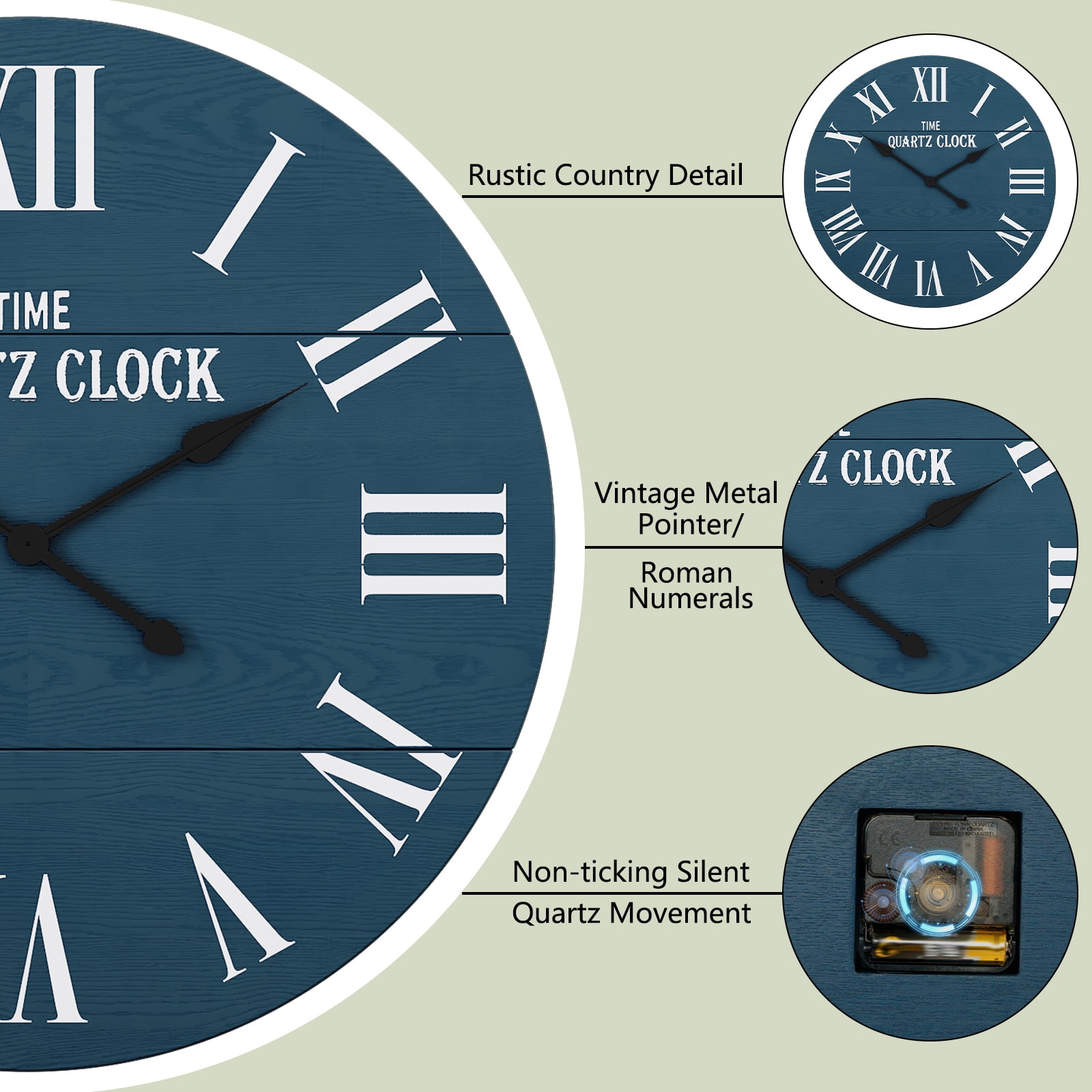 CBJCBJ 35.5” Farmhouse Large Shiplap Round Wall Clock with Roman Numeral for Living Room Decor, Blue