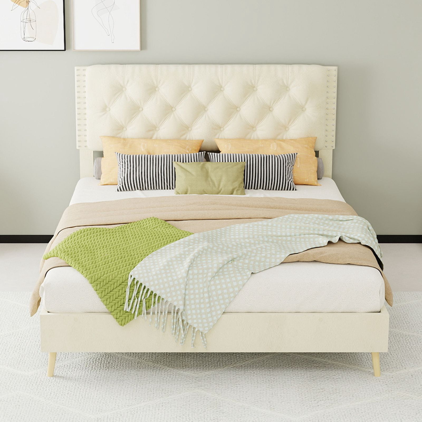 Alvantor Full Size Upholstered Bed Frame with Padded Headboard, Holland Velvet Tufted Beige