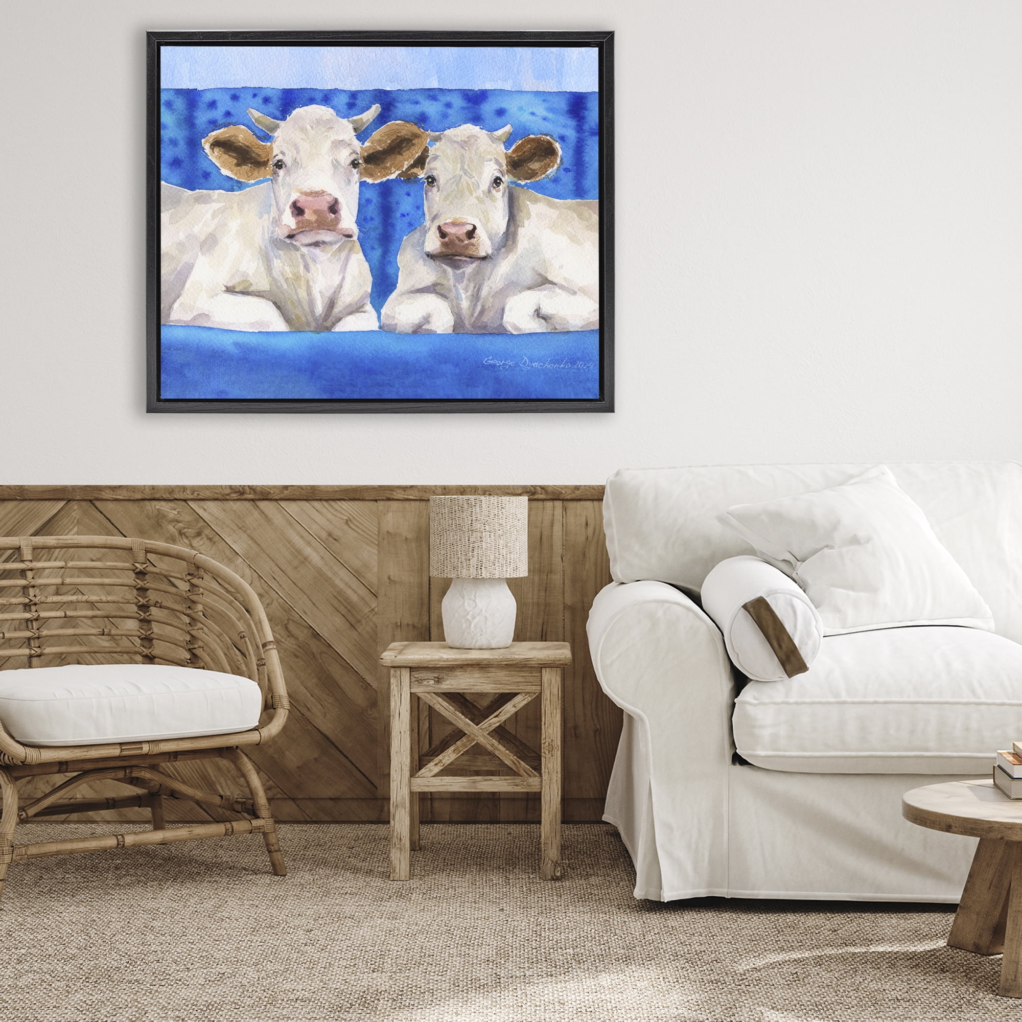 Stupell Industries White Cows on Blue Sofa Black Framed Floater Canvas Wall Art, design by George Dyachenko