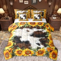Manfei Rustic Flowers Sunflower 7-Piece Twin Bedding Sets,Farmhouse Cowhide Bedding Comforter Set,Orange Brown White Sheet Sets For Boys Kids,Breathable Home Decor