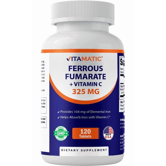 Vitamatic Ferrous Fumarate 325 mg Vitamin C 100 mg (104 mg Elemental Iron) – High Potency Iron Supplement – Gentle on Stomach, 120 Tablets, Made in USA