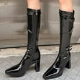thumbnail image 2 of Xfvqtps Womens Pointed Toe Knee High Boots Winter Fashion Riding Booties Chunky Heel Flatform Sole Patent Leather Buckle Decor Boots Black, 2 of 8