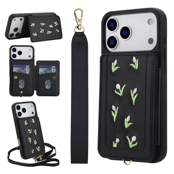 for iPhone 17 Pro Max Floral Pattern Wallet Case, Magnetic Snap PU Leather Credit Card Holder Stand Wrist Shoulder Strap Flip Cover, for iPhone 17 Pro Max Protective Case for Girls Women, Black