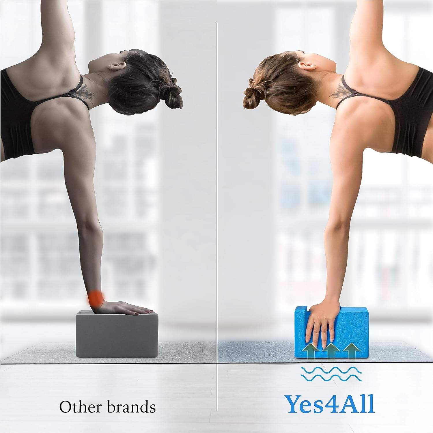 Yes4All Yoga Blocks 2 Pack Wrist Support, Comfort, and Grip Strength, Support for Balance Fitness and Exercise, EVA Foam Blocks Pilates Yoga Brick Yoga Accessories