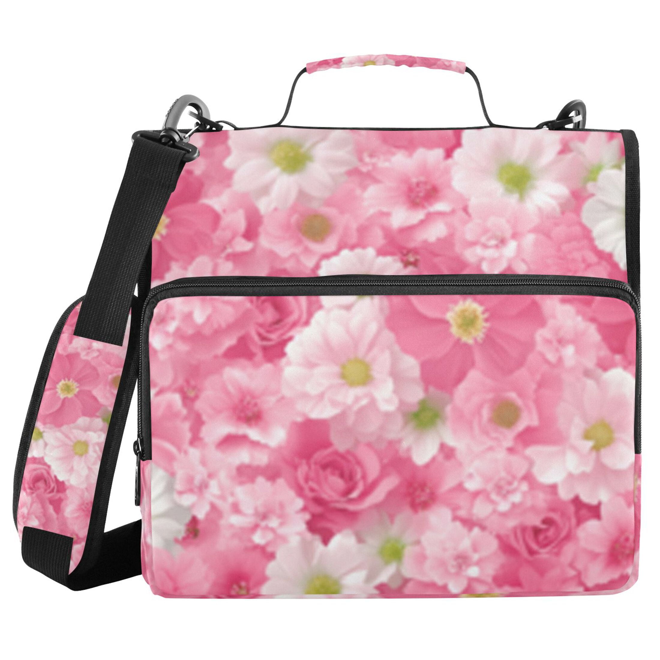 Zipper Binder Pink Floral Cluster 1.5 Inch Binder Folder Bag with Shoulder Strap and Handle