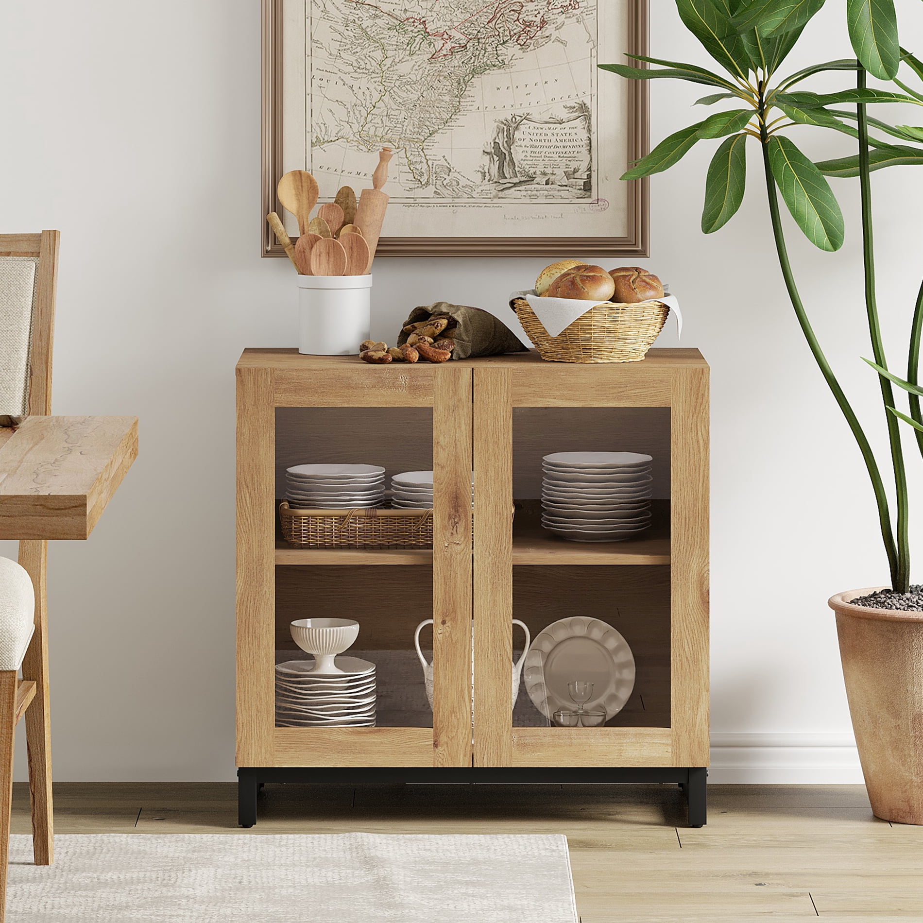 WAMPAT Modern Sideboard Buffet Cabinet with Glass Doors and Adjustable Shelf Coffee Bar Storage Cabinet for Living Room Kitchen,Oak