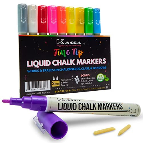 Kassa Liquid Chalk Markers Fine Tip (10 Pack 3mm) - Chalkboard Markers Erasable