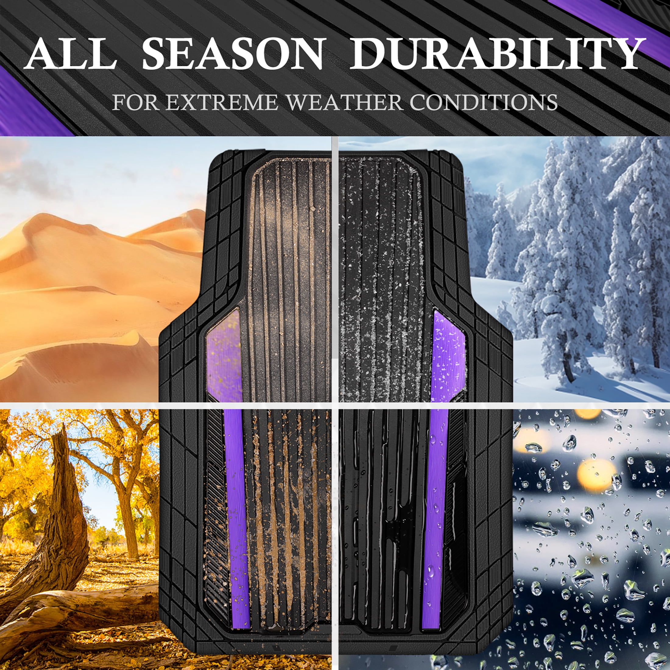 Auto Drive 4-Piece Black & Purple Heavy Duty Rubber Car Floor Mats, All Weather Universal Trim-to Fit for Car, SUV and Truck Mats