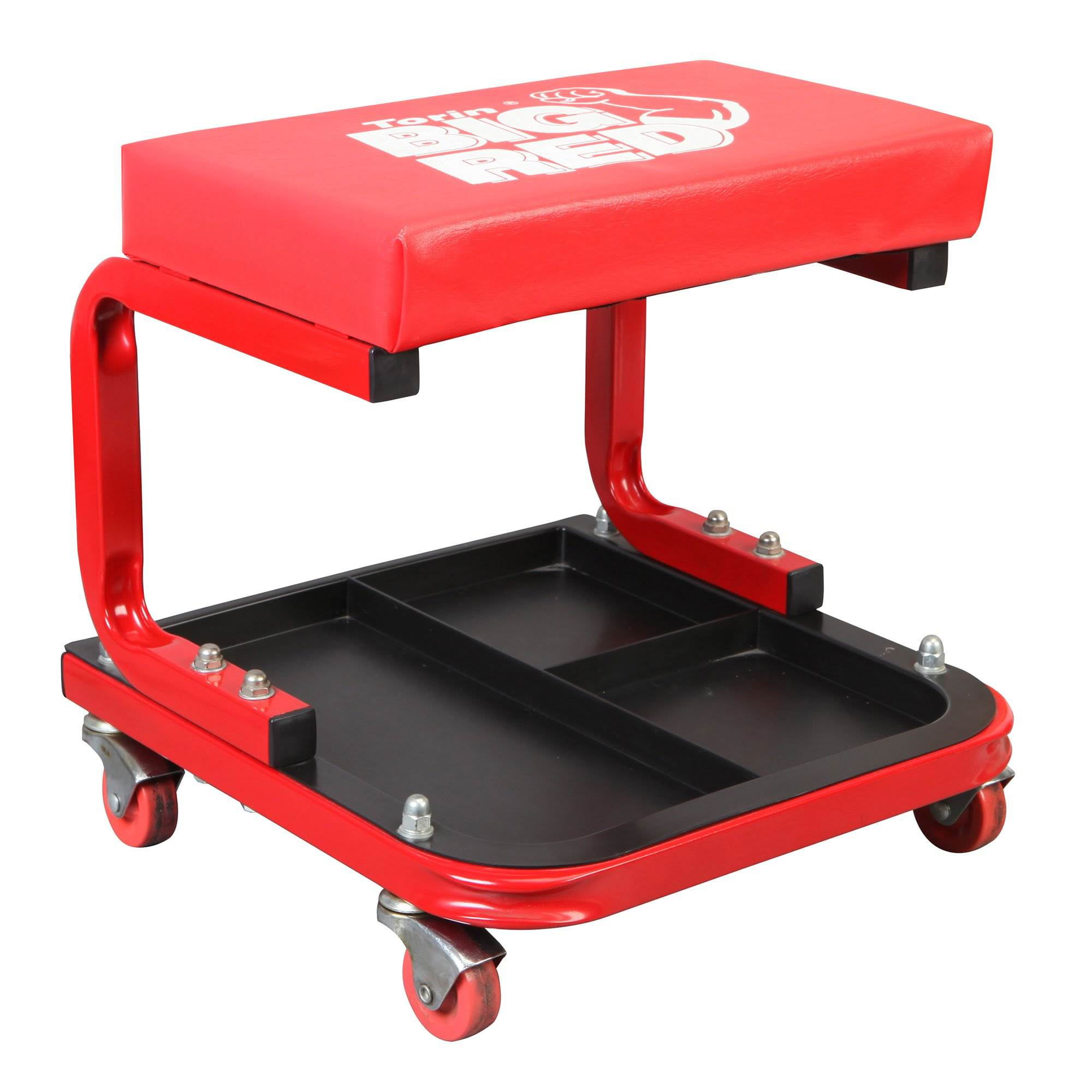 MotoGroup Black Rolling Creeper Garage Shop Padded Mechanic Stool with Divided Tool Tray and Red Padded Seat 
