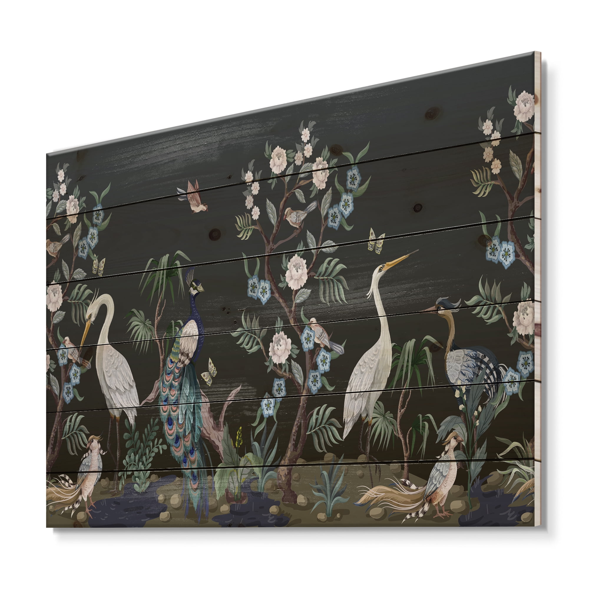 Designart 'Chinoiserie With Peonies and Birds IV' Traditional Print on Natural Pine Wood