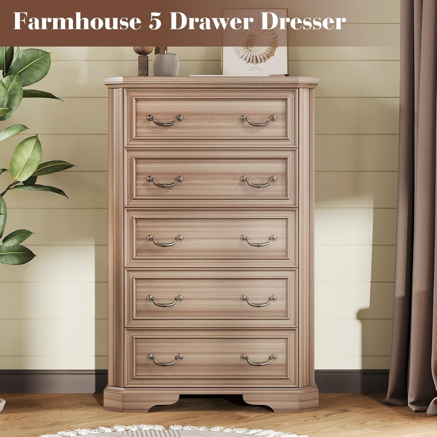 VanAcc Farmhouse 48" Tall 5 Drawers Dresser for Bedroom, Wood Rustic Chest with Corner Bevel Shape for Bedroom, Living Room, Hallway, Grey Walnut