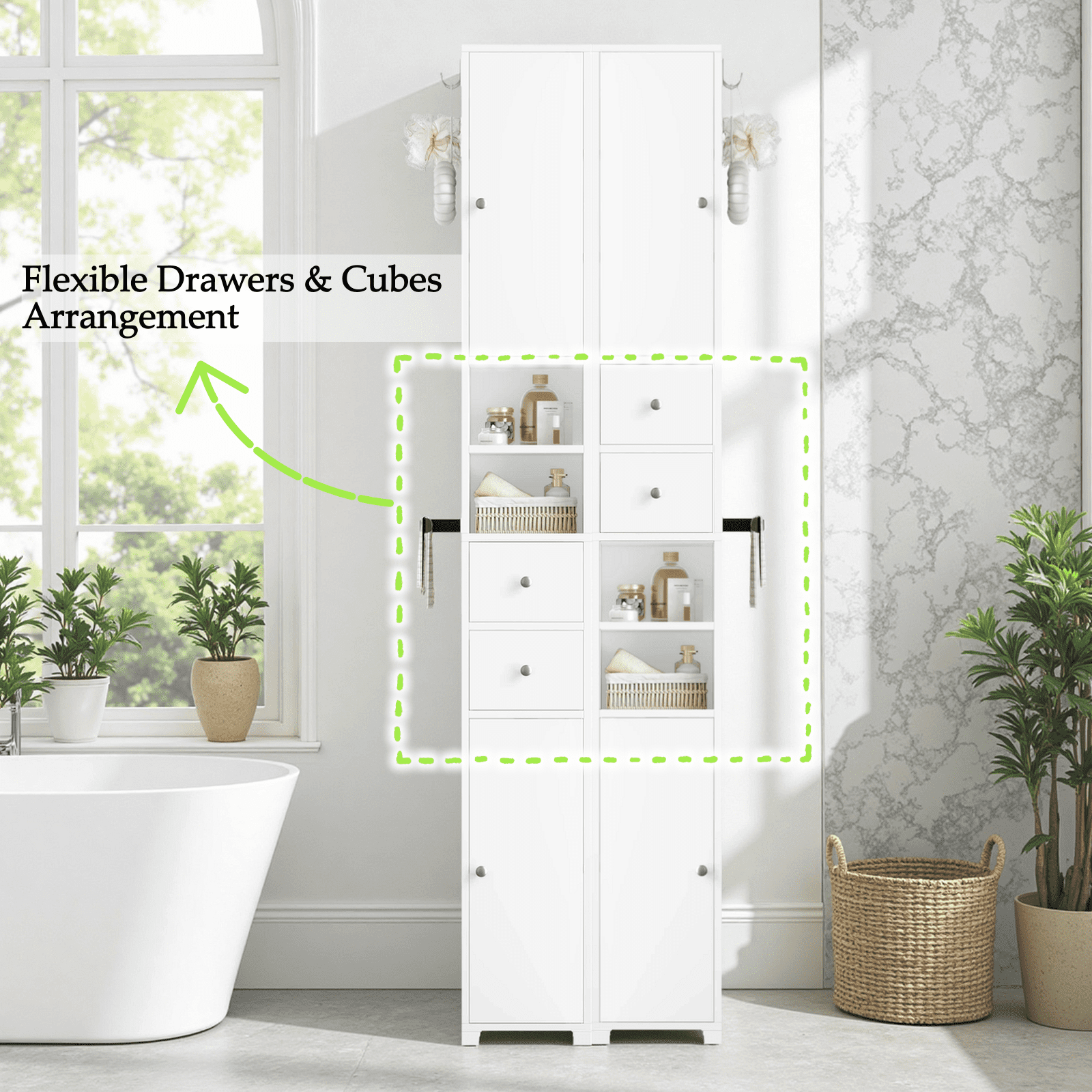 Homfa 71" Tall Bathroom Storage Cabinet with Adjustable Shelves, 2 Doors & Drawers Bathroom Storage Tower with Hooks & Paper Towel Holder, Freestanding Narrow Cabinet for Small Spaces, White