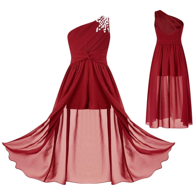 Alvivi Robe de Soirée Maxi en Chiffon Froncé à une Épaule pour Filles, Bordeaux 14